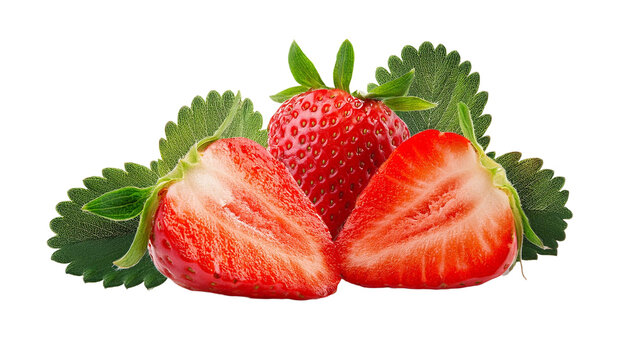 Fresas cortadas por la mitad sobre un fondo transparente, frutillas frescas por mitas sin fondo