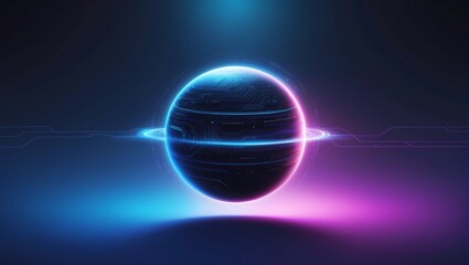 Obraz premium Futuristic 8K Digital Wallpaper with Abstract Planet and Neon Circuitry Design in Electric Blue and Purple