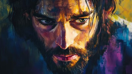 A detailed watercolor illustration shows Jesus at the Last Supper, with gentle light illuminating his face and soft shadows enhancing the spiritual emotion in his eyes