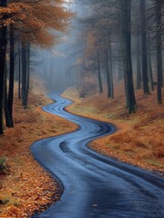 Obraz premium Winding Road Through Misty Forest