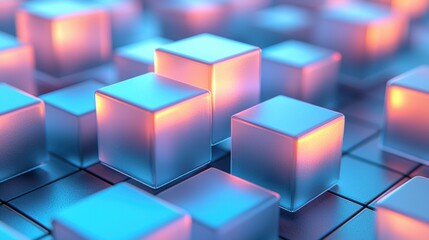 Obraz premium Abstract Cubes Geometric Shapes 3D Render Technology Background Digital Art Shiny Glowing Blue Pink
