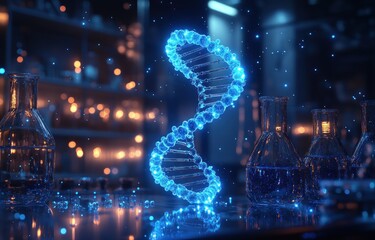 Futuristic Laboratory with DNA Helix and Molecular Structures