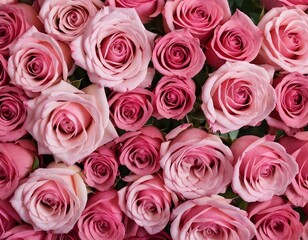 Obraz premium Natural fresh pink roses flowers pattern. top view, pink rose flower. rosas rosas frescas naturales patron de flores. fondo de flores 