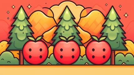 Naklejka premium Cute Cartoon Apples in Autumn Forest Landscape