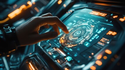 Naklejka premium Hand interacting with futuristic holographic interface. (1)