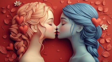 Romantic Couple Kissing 3D Render Valentines Day Love Hearts Hair Braids Red Background