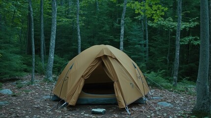 A cozy tent set up in a serene forest environment, ideal for camping and outdoor activities.