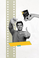Vertical photo collage of happy man show hands gesture frame hand hold vintage camera flash focus...