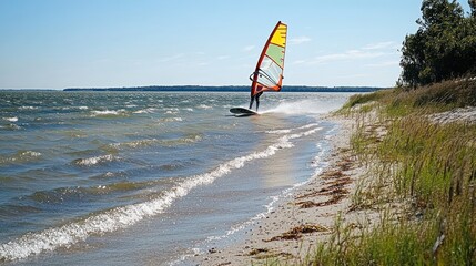 Windsurfer gliding over waves near a sandy beach under a clear blue sky.