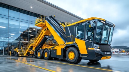 Heavy-duty loading truck positioned at a logistics center during morning hours with cloudy skies