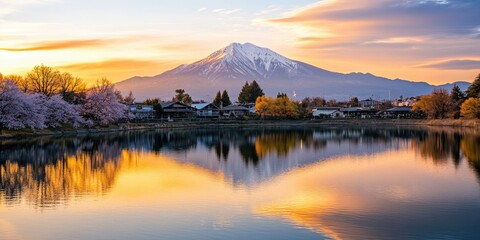 Fototapeta premium A captivating view of a golden sunset over snow-capped mountains, a clear lake reflecting the sky, and blossoming trees signaling the arrival of spring. 