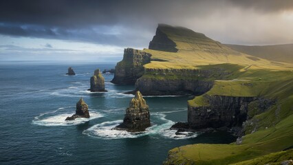 Faroe Islands Cliffs. The dramatic sea cliffs and stacks of the Faroe Islands under overcast skies