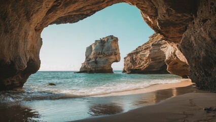 Playa del Amor Mexico Hidden Beach. The hidden beach of Playa del Amor revealed under clear skies, with sunlight pouring through the open ceiling and illuminating the secluded cove and crystal-clear w