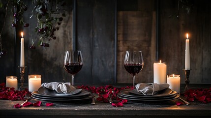 Romantic Table Setting with Candles and Rose Petals for Two
