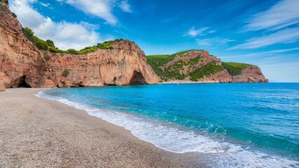 Fototapeta premium Fteri Beach Kefalonia Island Hidden Gem. Fteri Beach, on the island of Kefalonia, Greece, is a hidden gem.