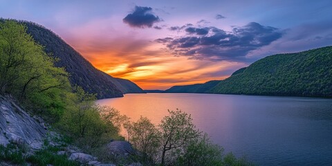 Fototapeta premium A dramatic springtime sunset over a serene mountain lake, with the sky painted in shades of orange and purple, and fresh greenery along the lakeshore. 