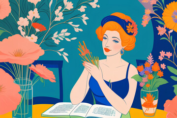 Floral Muse: A stylish woman surrounded by vibrant blooms, engrossed in a book, evokes a sense of tranquility and artistic inspiration. 