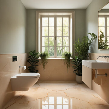 modern bathroom interiorA serene bathroom interior design featuring greenish white walls, marble floors, and a large window allowing natural light to flood the space, with a...