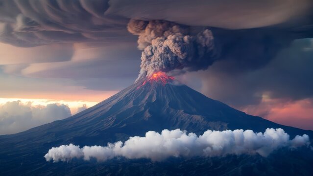 Ominous Aerial Shot of Mount Sinabung, Indonesia Aerial view of Mount Sinabung with dark