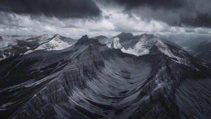 Intense Aerial Perspective of The Swiss Alps, Switzerland Aerial view of The Swiss Alps under dark clouds