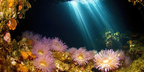 Fototapeta premium A tranquil underwater cave with beams of light piercing through, highlighting colorful fish and sea anemones scattered around. 