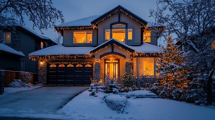 A detailed shot of festive holiday lights on a cozy suburban home, highlighting the intricate decorations and the glow of the season.
