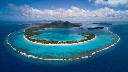 Fototapeta premium Caribbean Sea Daytime Tropical Aerial . A vibrant aerial view of the Caribbean Sea with crystal-clear turquoise waters, white sandy beaches