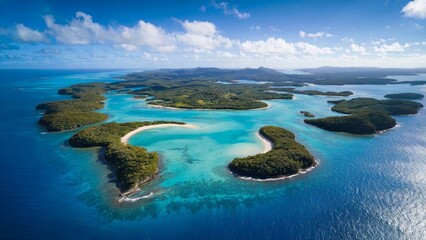 Whitsunday Islands Daytime Aerial Panorama . A vibrant aerial view of the Whitsunday Islands, with turquoise waters