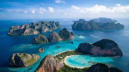 Obraz premium Phi Phi Islands . Thailand . Aerial view of the Phi Phi Islands with emerald waters and golden beaches under a clear sunny sky, no people visible.
