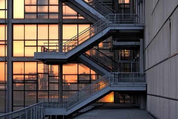 Modern Industrial Architecture with Fire Escapes Reflecting Sunset Light Against Glass Windows in Urban Cityscape