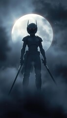 Obraz premium Nighttime Warrior Stands Before the Moon