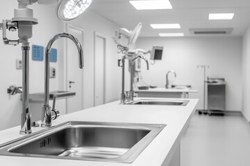 Modern Medical Laboratory Interior Featuring Stainless Steel Sinks and Advanced Equipment for Clinical Testing and Research Purposes in a Bright Environment