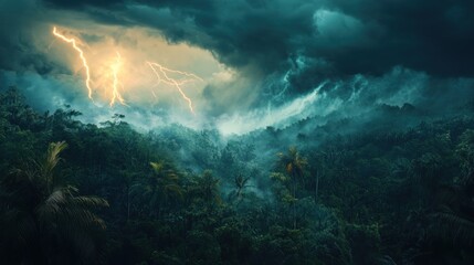 Fototapeta premium Tropical Storm Over Lush Jungle: Dramatic Lightning Strikes