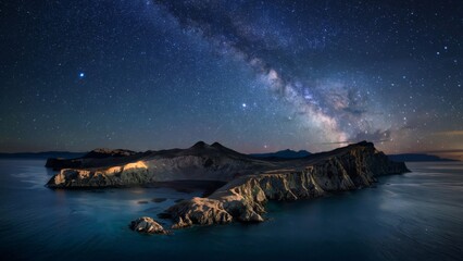 Starlit Midnight Over Deception Island Aerial view of Deception Island under a night sky studded with stars