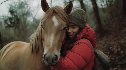 Fototapeta premium Horse hugging a person, affectionate gesture, natural light