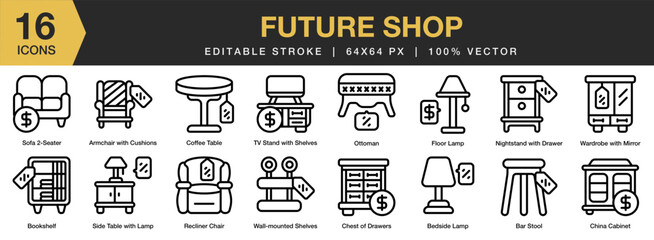 Furniture Shop icon set. Editable Stroke Icon Collection. Includes sale, retail, showroom, buy, market, and More. Outline icons vector collection.