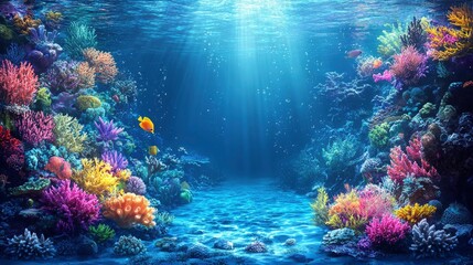 Obraz premium A vibrant underwater scene with colorful corals and marine life illuminated by sunlight.
