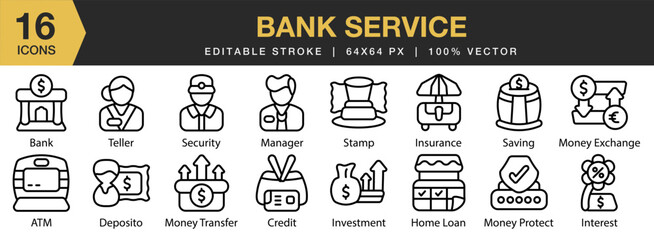 Bank Service icon set. Editable Stroke Icon Collection. Includes banking, payment, data, security, transaction, and More. Outline icons vector collection.