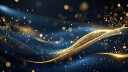 Obraz premium An elegant abstract background with dark blue and gold particles swirling together, with Christmas golden light bokeh on navy blue, and a gold foil texture adding a festive touch for holiday themes.