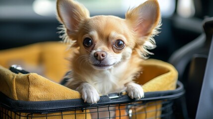 Cute Chihuahua in a carrier during a car ride on a sunny day