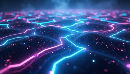 A sleek, futuristic digital grid with glowing, intersecting lines in neon blue, purple, and green. The grid should give a sense of three-dimensional depth, with soft gradients on the background for a 