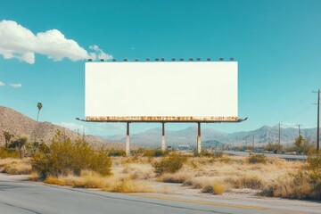 Desert Billboard: Blank canvas for your message.  A large, empty billboard stands in a stark desert landscape under a vibrant blue sky.