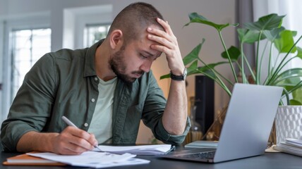Fototapeta premium A focused individual writing notes while looking stressed at a desk with a laptop.
