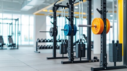 Fototapeta premium Modern gym interior featuring weightlifting equipment with colorful plates, emphasizing strength training and fitness in a bright and spacious environment