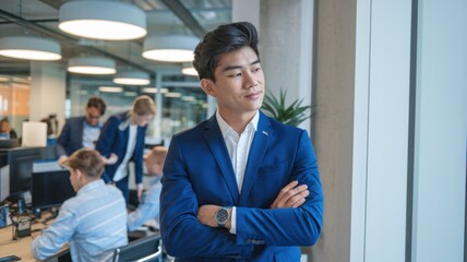 Fototapeta premium A professional man in a blue suit stands confidently in a modern office environment.