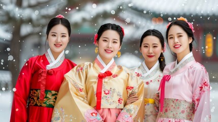 Obraz premium Four Women Dressed in Traditional Hanbok Attire in a Winter Environment Surrounded by Soft Falling Snowflakes and Historic Architecture