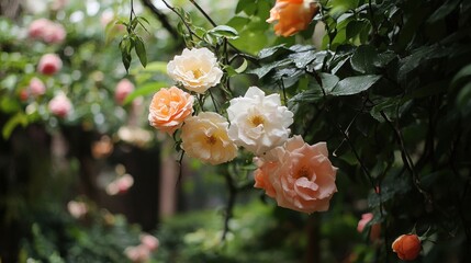 Beautiful Rain-Kissed Roses in a Lush Green Garden Setting