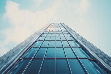 Fototapeta premium Reaching for the Sky: A towering skyscraper stretches towards the clouds, its sleek glass facade reflecting the blue sky and white clouds above. The image evokes a sense of ambition, progress.