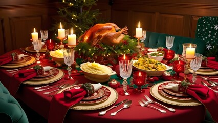 Imagine a warm and inviting festive table setting, adorned with rich red and gold decorations, including intricately designed placemats, napkin rings, and a stunning centerpiece, all illuminating unde