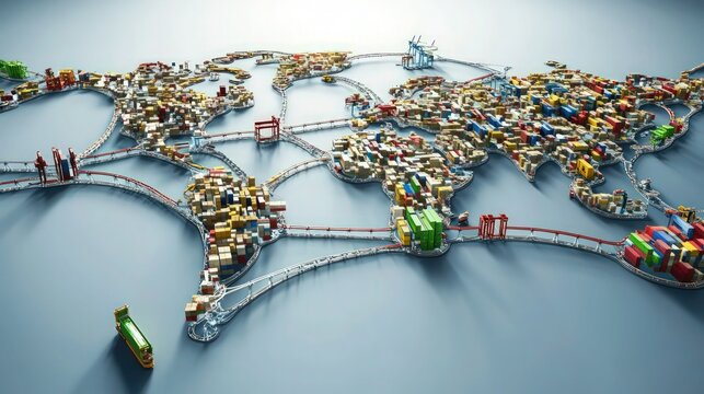 An abstract design of global supply chains, with interconnected paths linking manufacturers, suppliers, and distributors worldwide, representing international trade.